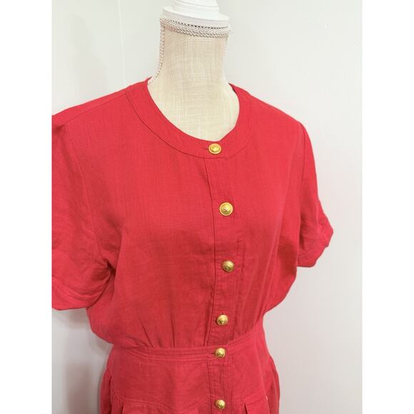 Vintage Valentino Miss V Red Gold Button Down Dress 100% Linen Size 46 Italy - Picture 3 of 6